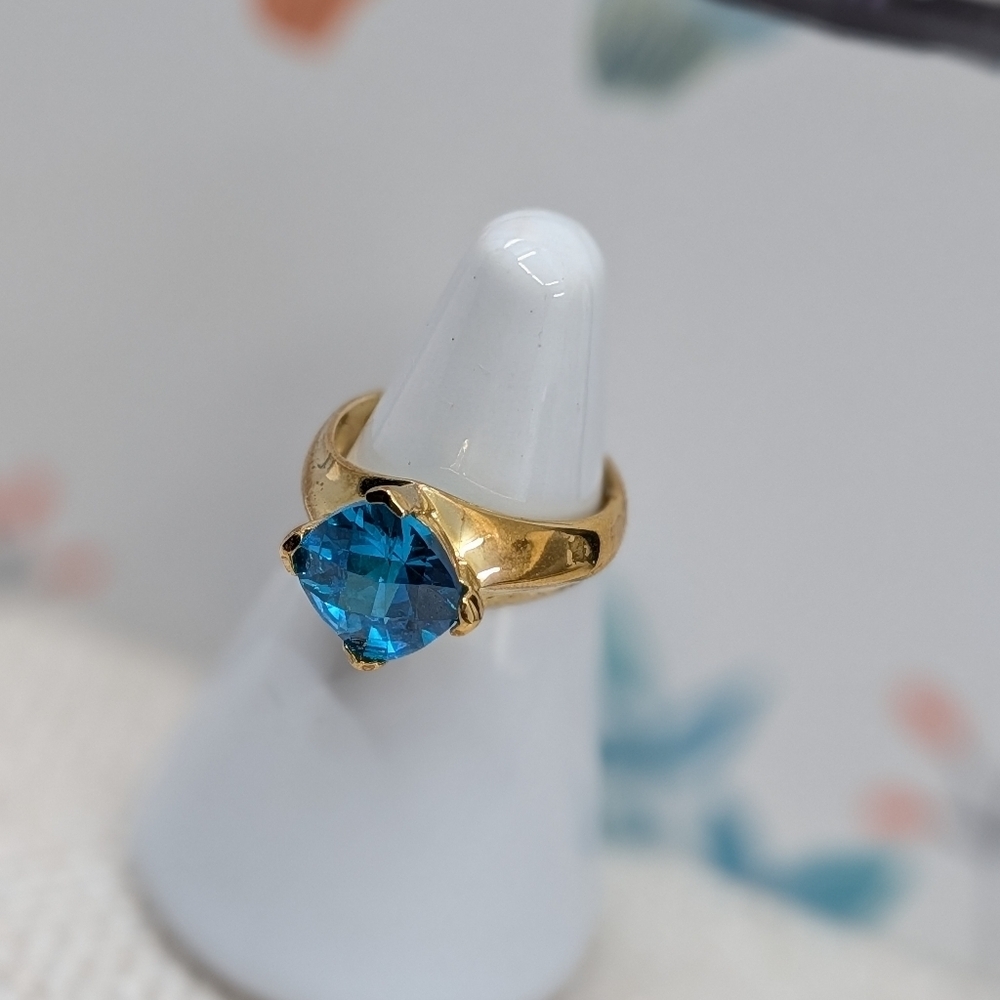Vintage 925 Sterling Silver Gold Vermeil Statement Ring Faceted Blue Stone Sz 6 - Picture 15 of 16